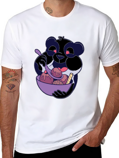 Cartoon Panda Eating Ice Cream Black T-Shirt