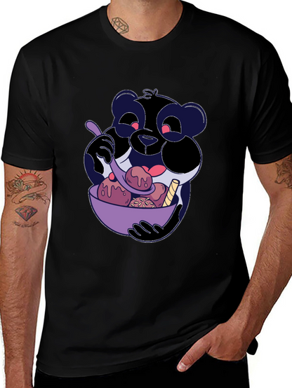 Cartoon Panda Eating Ice Cream Black T-Shirt