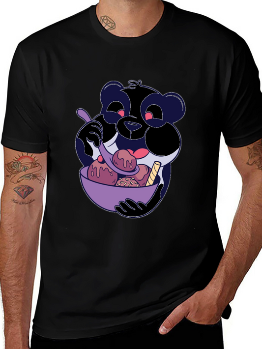 Cartoon Panda Eating Ice Cream Black T-Shirt