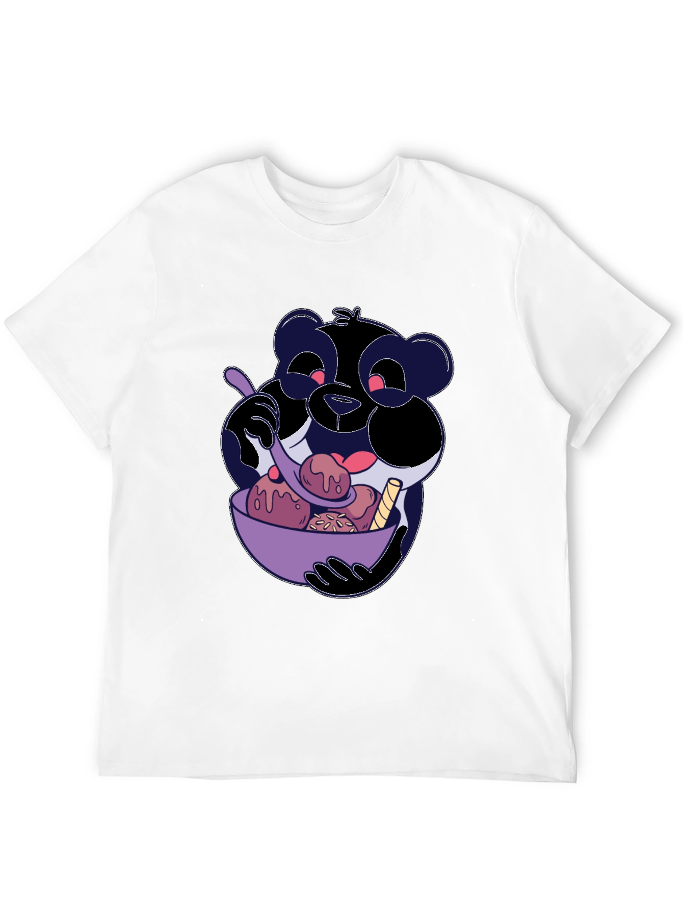 Cartoon Panda Eating Ice Cream Black T-Shirt