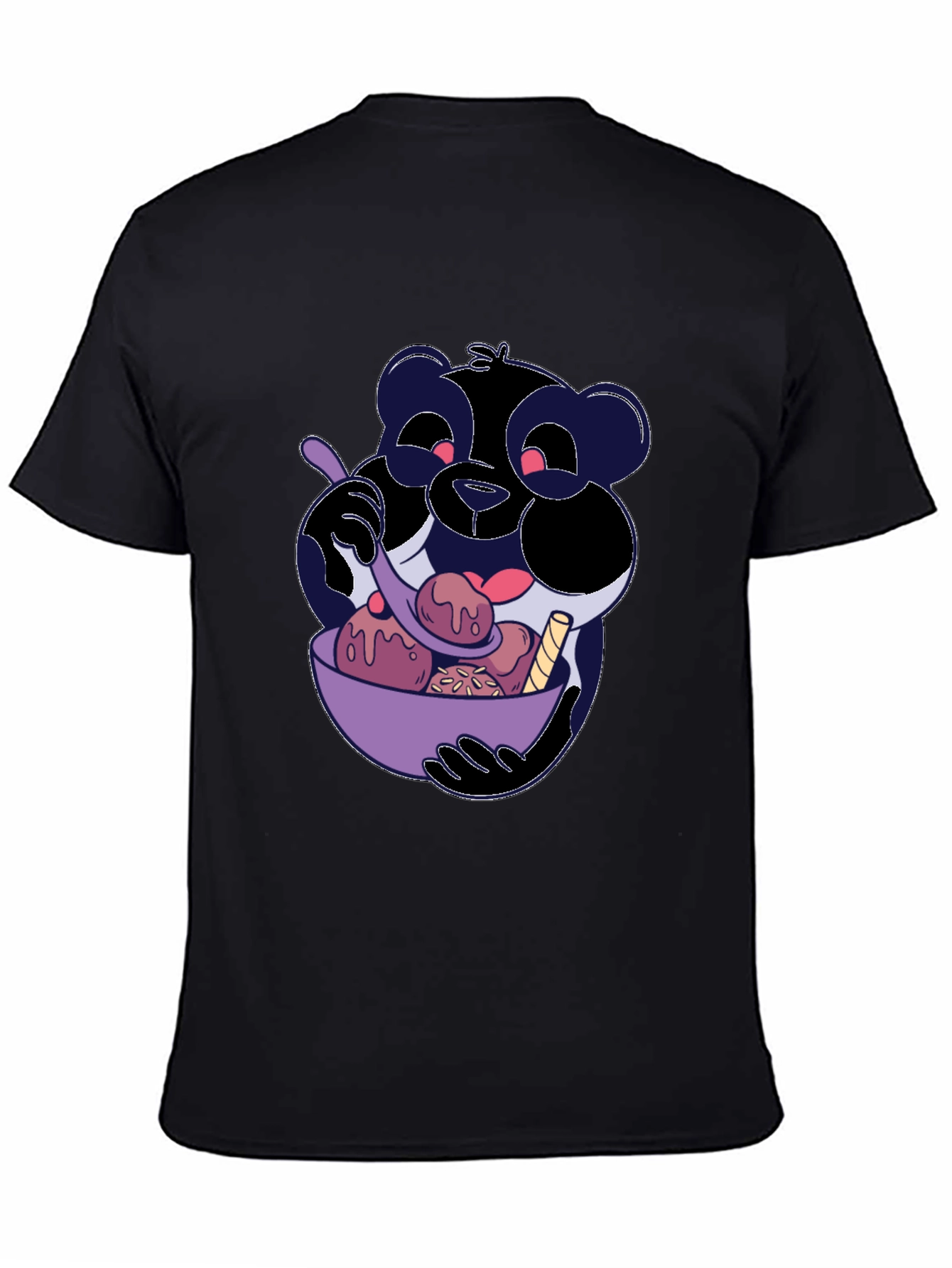 Cartoon Panda Eating Ice Cream Black T-Shirt