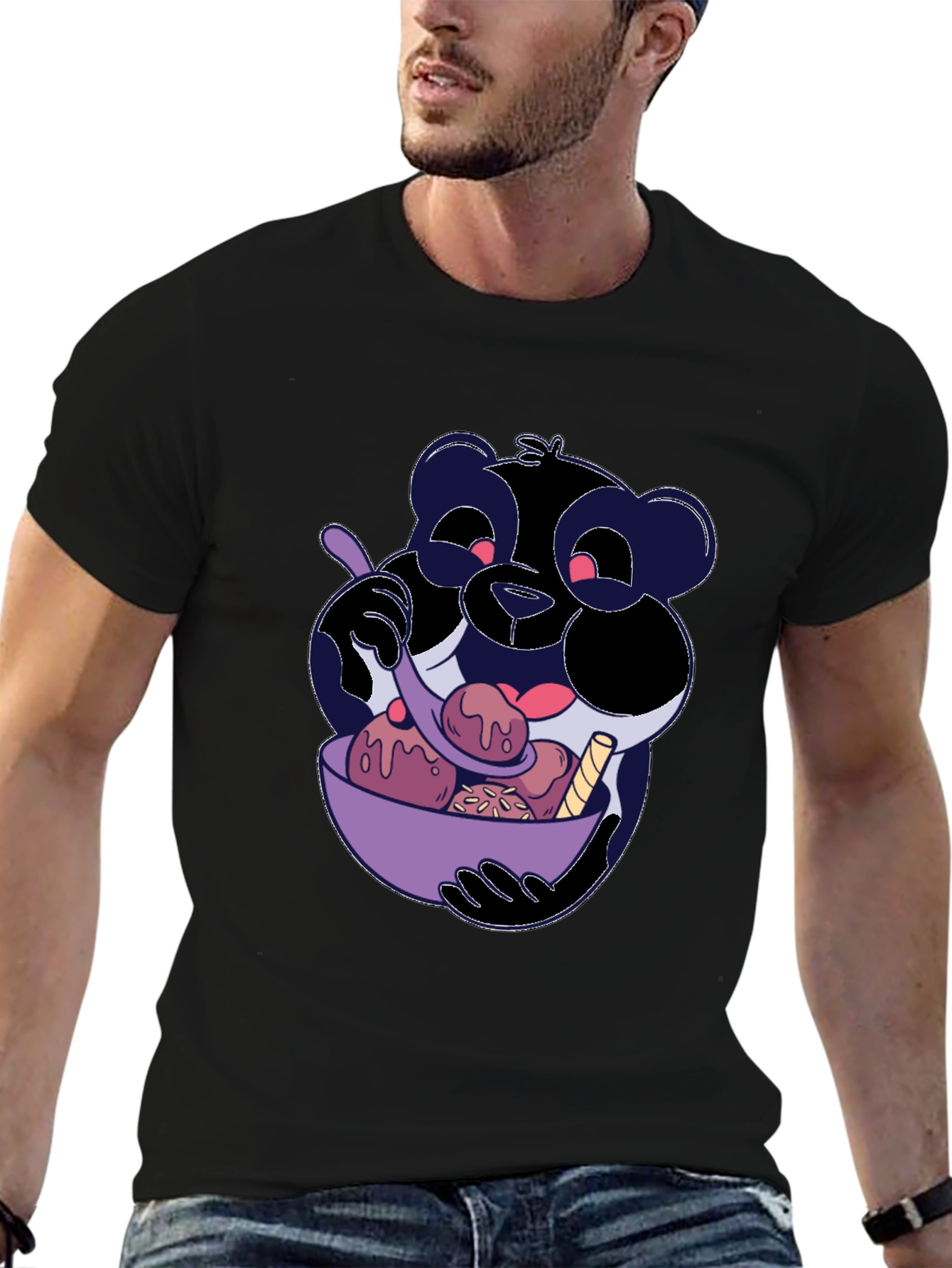 Cartoon Panda Eating Ice Cream Black T-Shirt