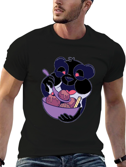Cartoon Panda Eating Ice Cream Black T-Shirt