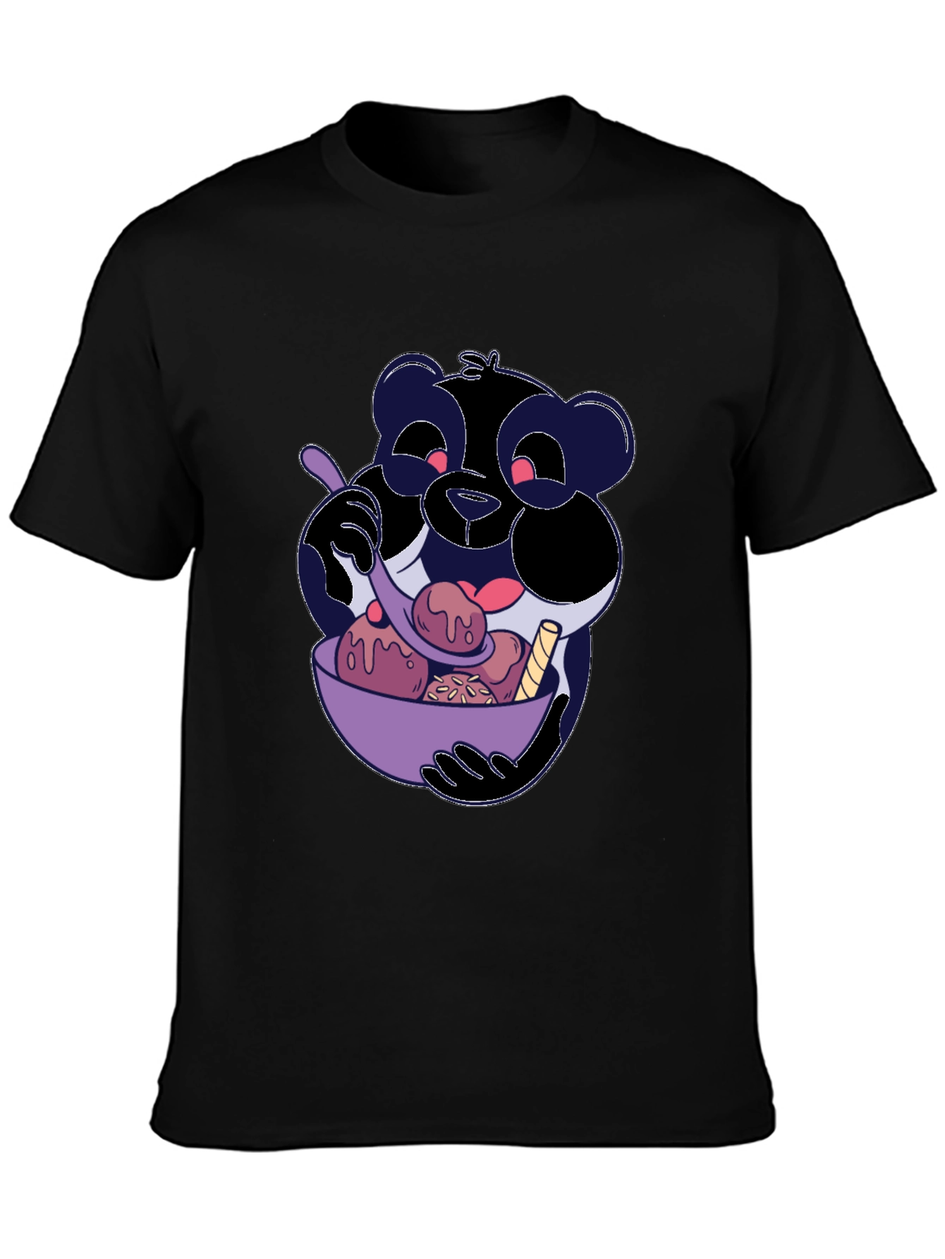 Cartoon Panda Eating Ice Cream Black T-Shirt