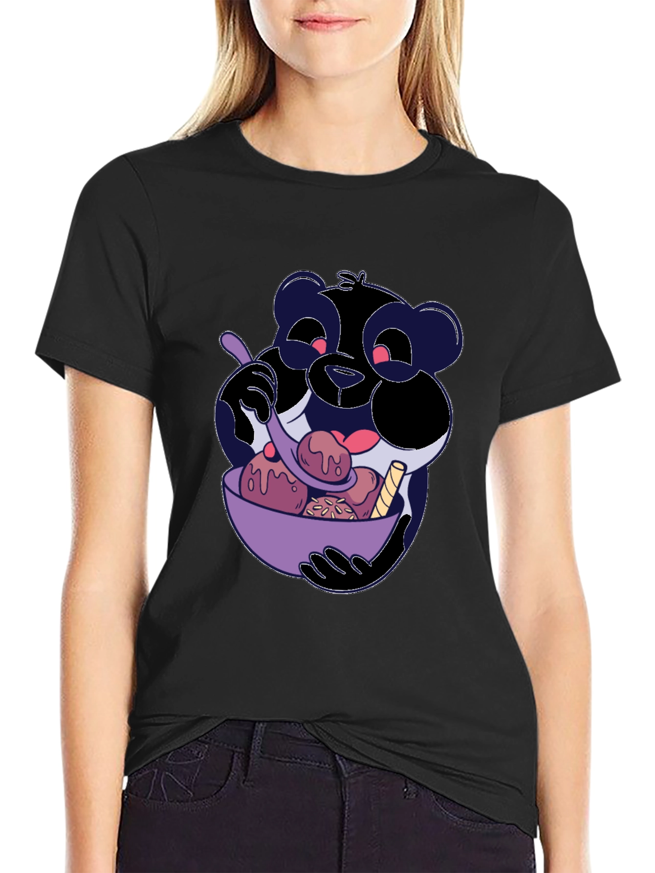 Cartoon Panda Eating Ice Cream Black T-Shirt