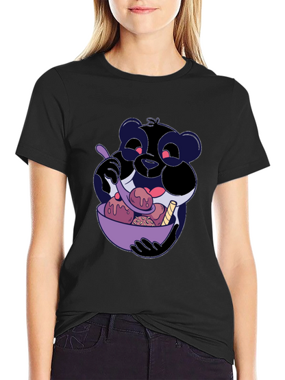Cartoon Panda Eating Ice Cream Black T-Shirt