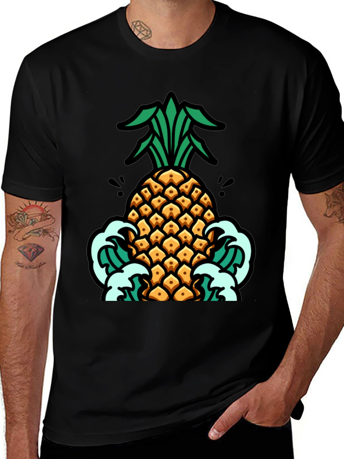 Pineapple Waves Graphic Tee - Black Cotton T-Shirt
