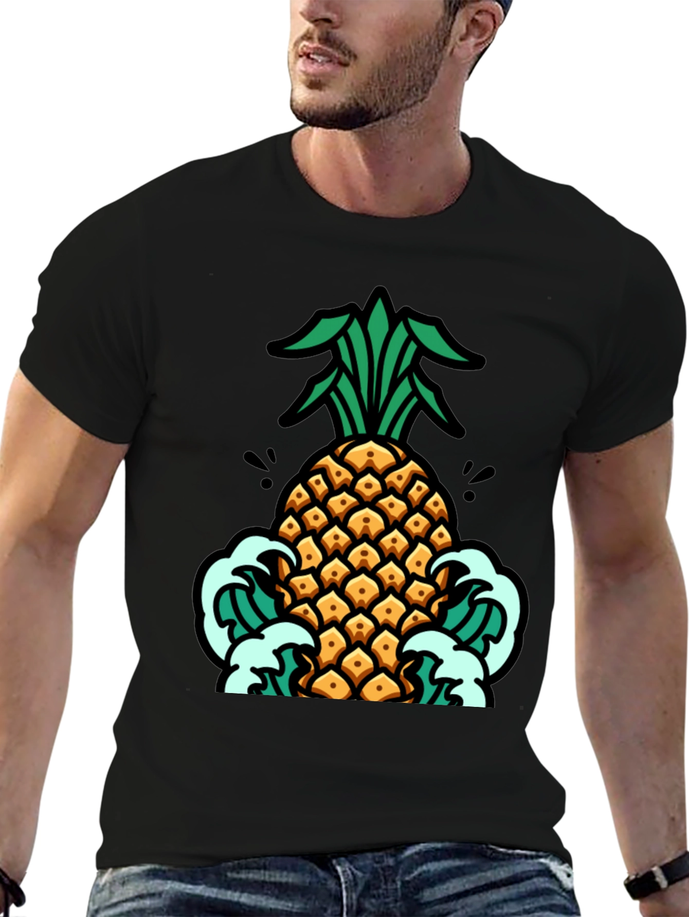 Pineapple Waves Graphic Tee - Black Cotton T-Shirt