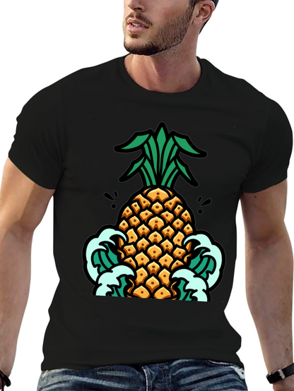 Pineapple Waves Graphic Tee - Black Cotton T-Shirt