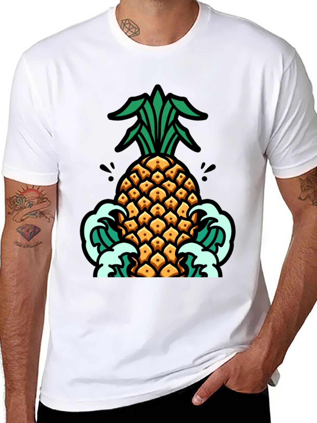 Pineapple Waves Graphic Tee - Black Cotton T-Shirt