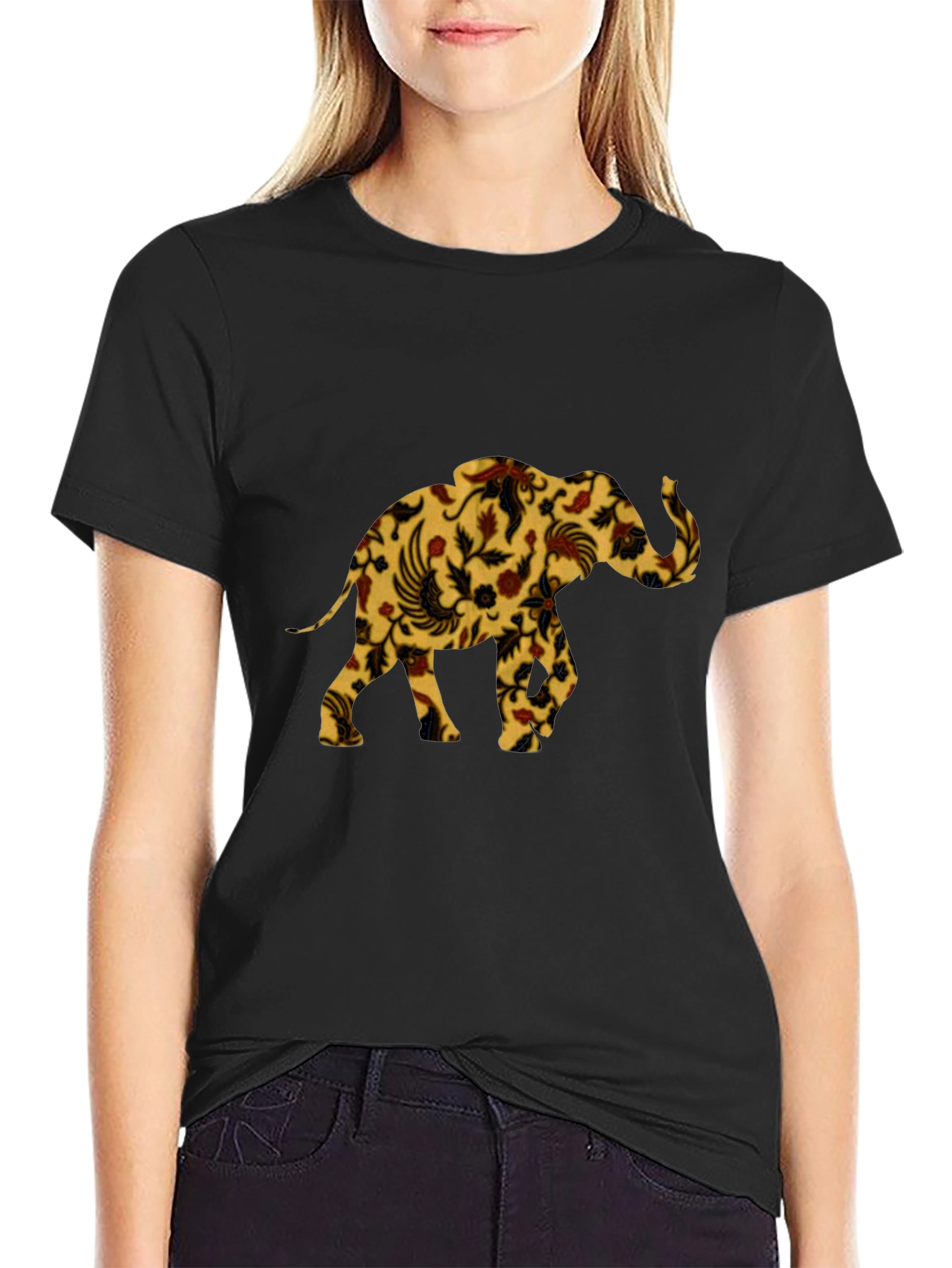 Floral Elephant Print Black T-Shirt