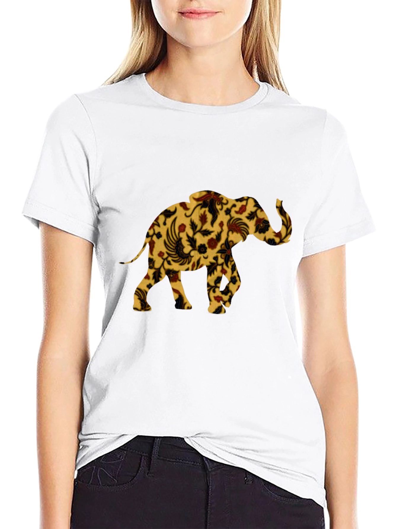 Floral Elephant Print Black T-Shirt