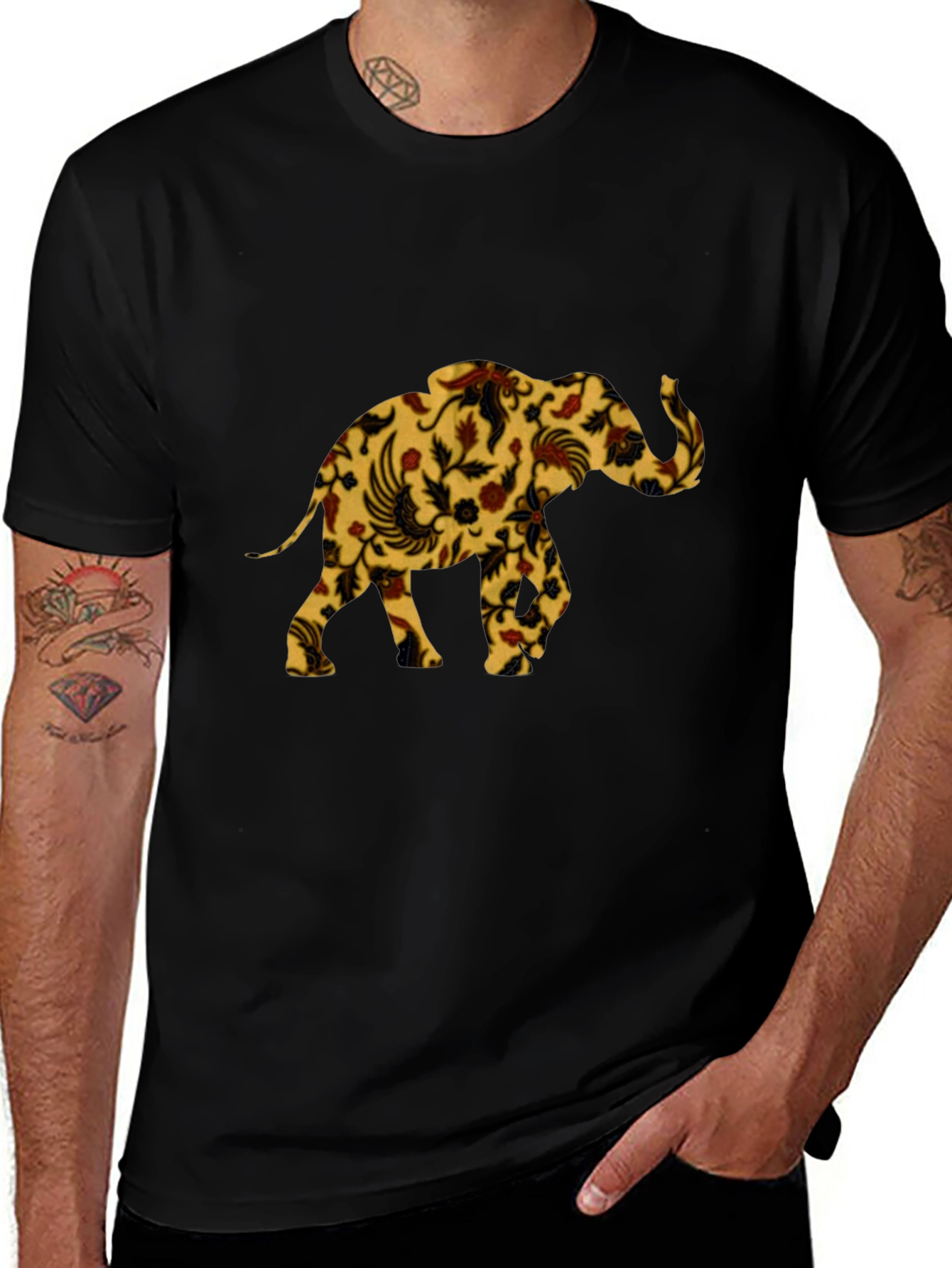 Floral Elephant Print Black T-Shirt