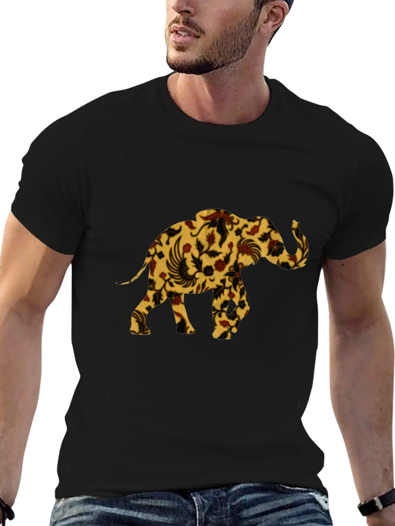 Floral Elephant Print Black T-Shirt