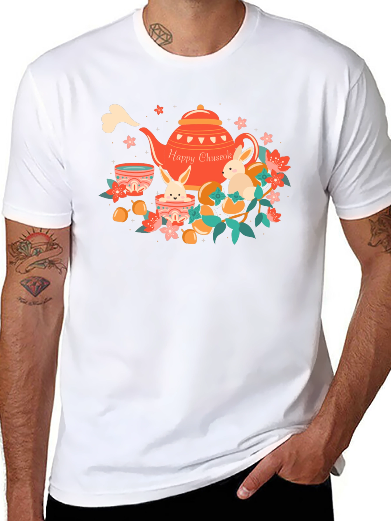 Happy Chuseok T-Shirt - Rabbit Tea Party Design