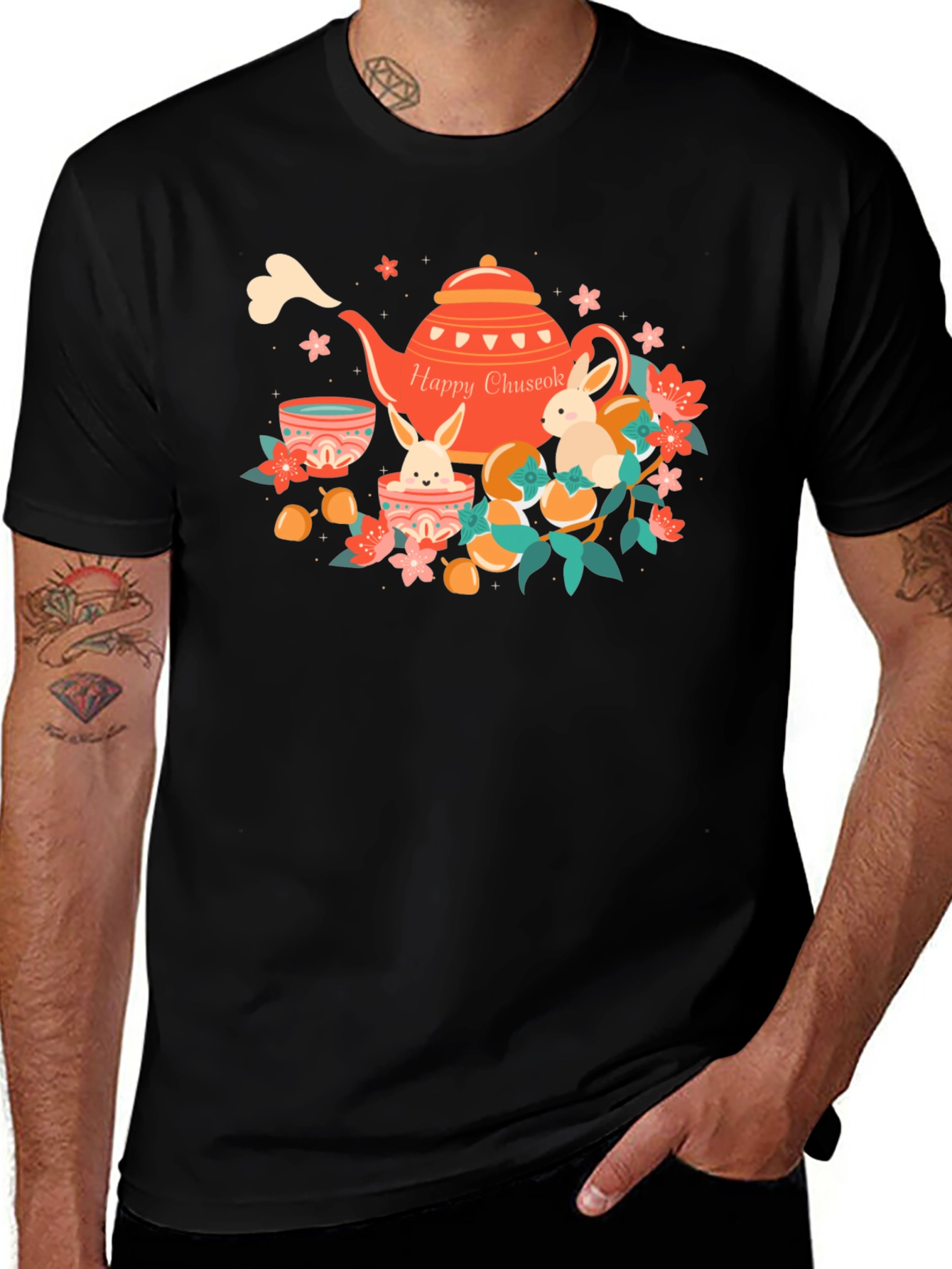 Happy Chuseok T-Shirt - Rabbit Tea Party Design
