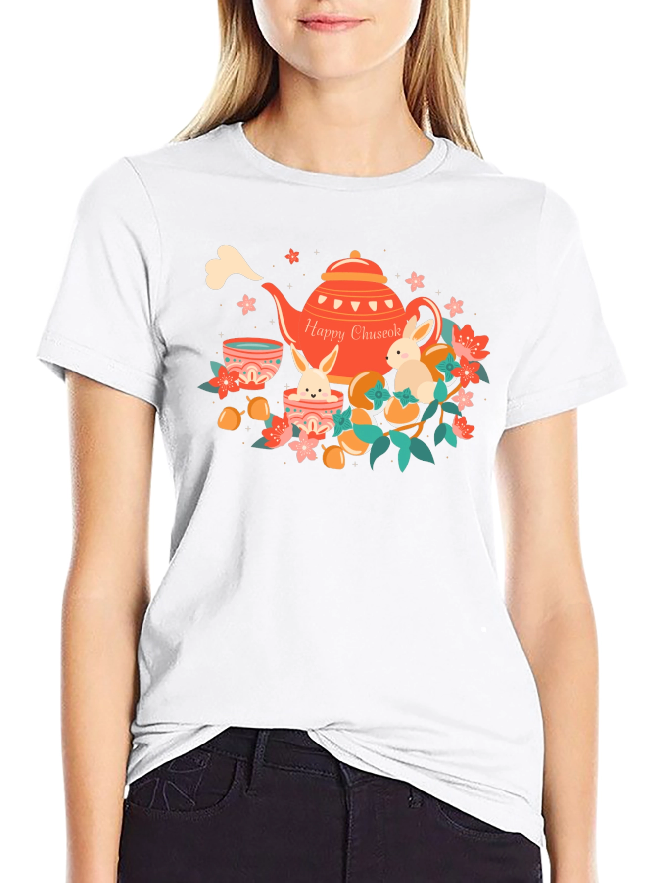 Happy Chuseok T-Shirt - Rabbit Tea Party Design