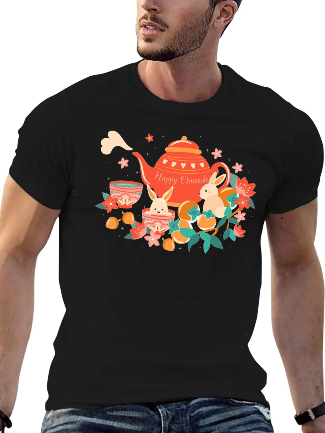 Happy Chuseok T-Shirt - Rabbit Tea Party Design