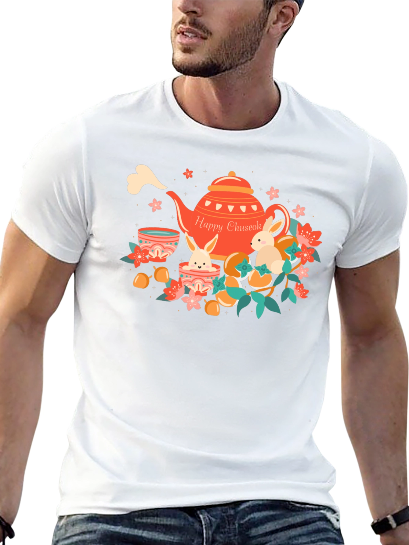 Happy Chuseok T-Shirt - Rabbit Tea Party Design