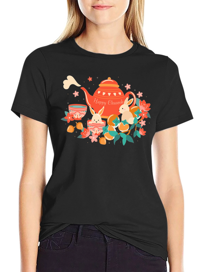 Happy Chuseok T-Shirt - Rabbit Tea Party Design