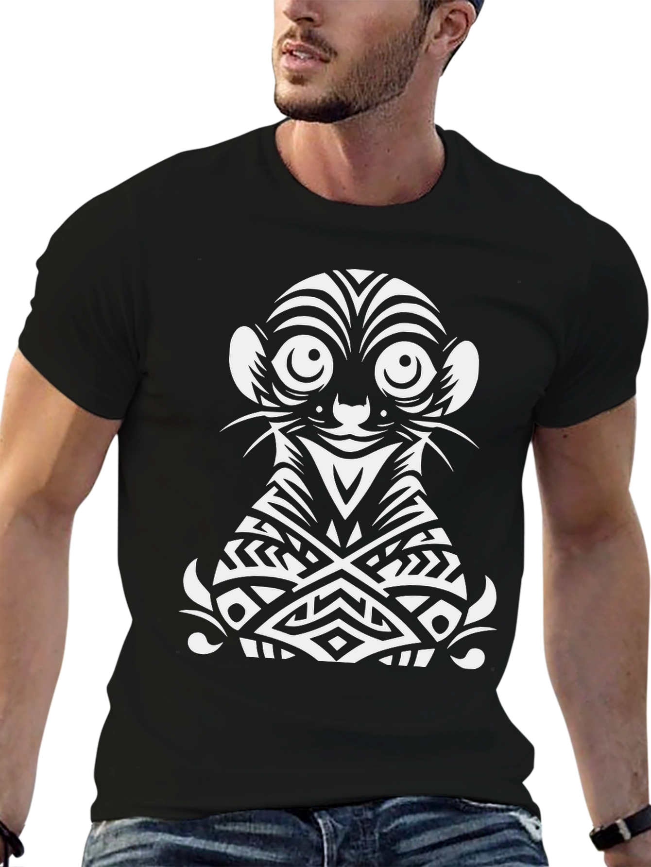 Tribal Meerkat Graphic Tee - Black Cotton Shirt