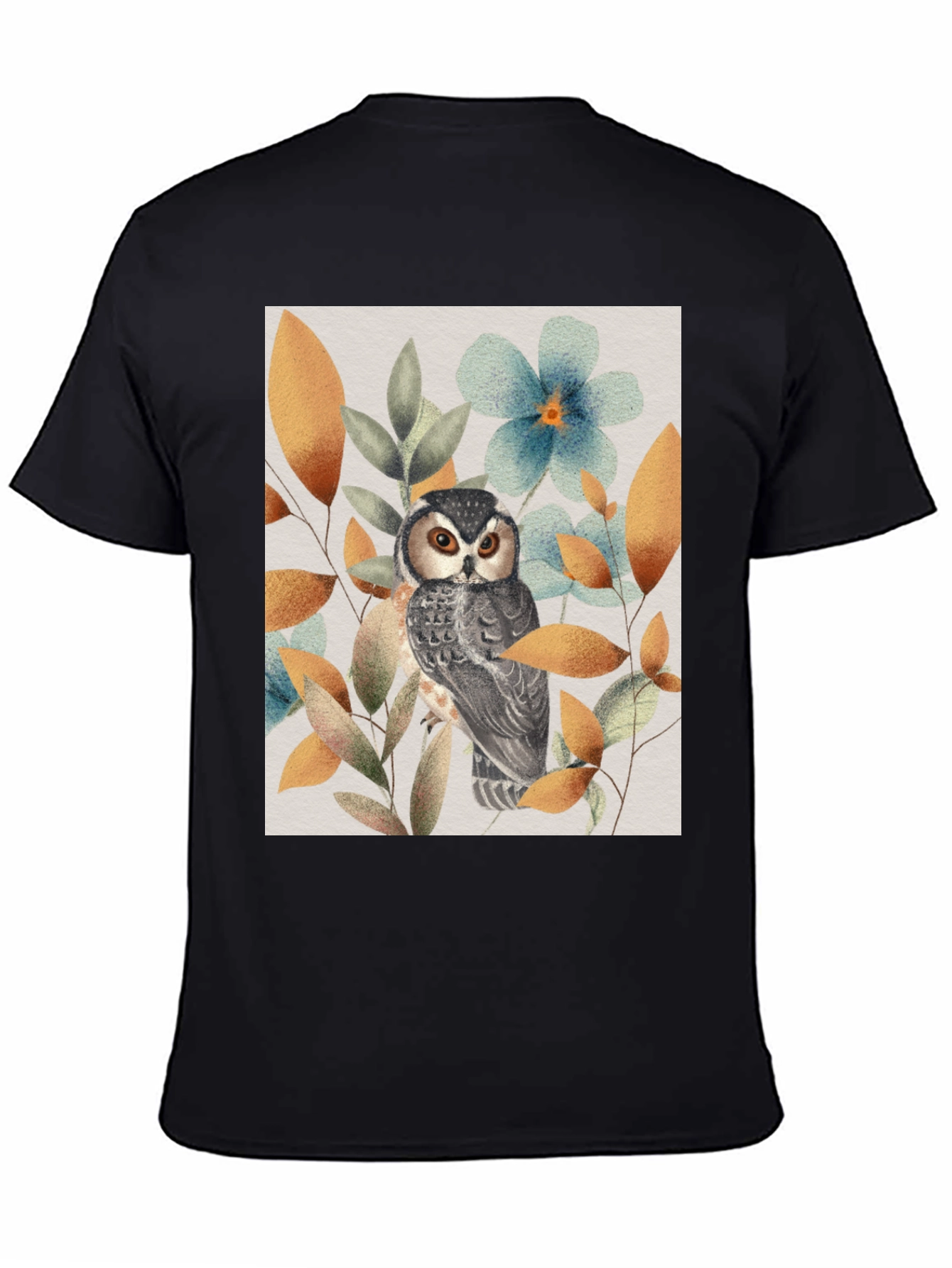 Owl and Floral Print Black T-Shirt