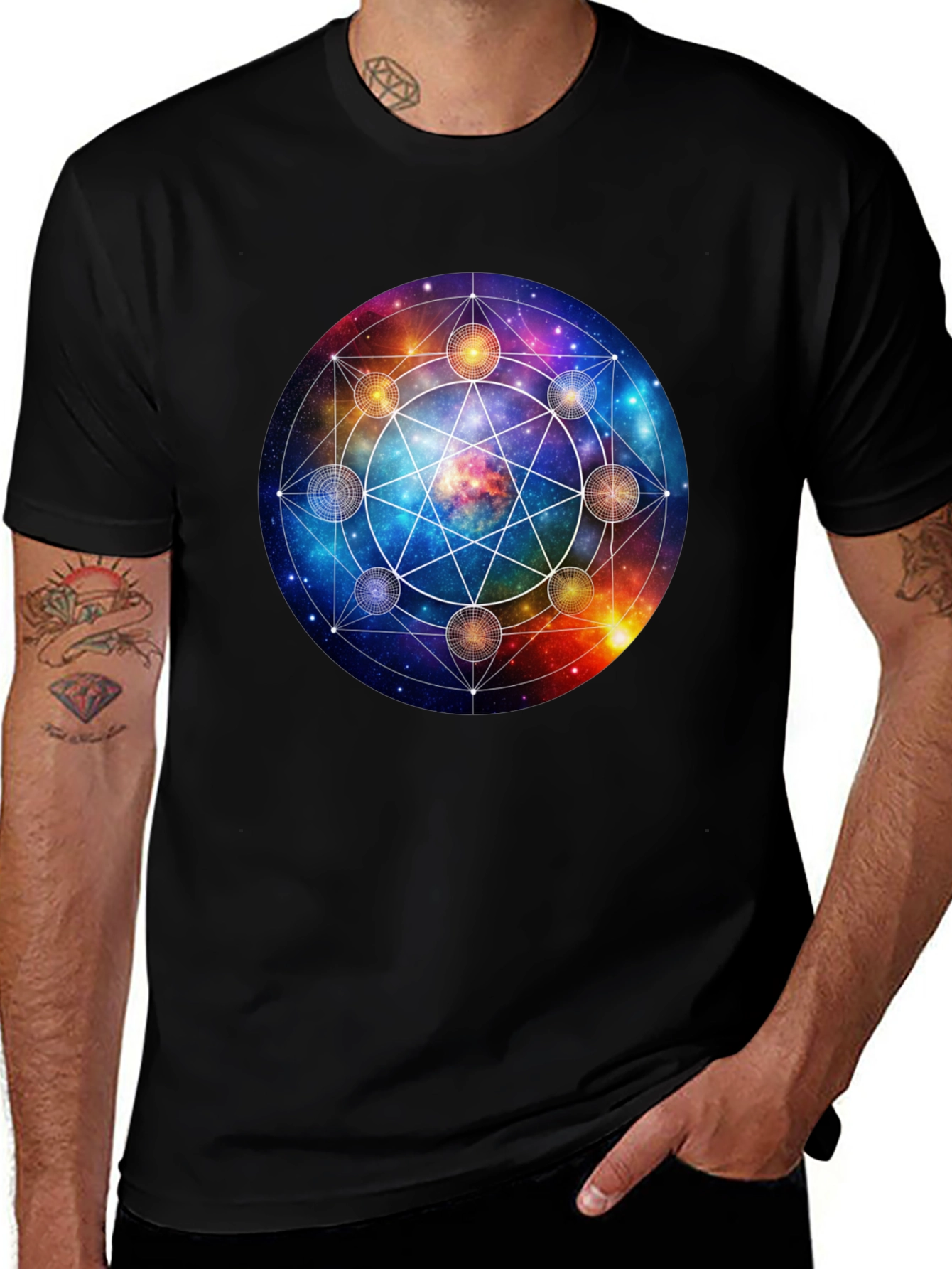 Cosmic Mandala Graphic Tee - Celestial Universe Design