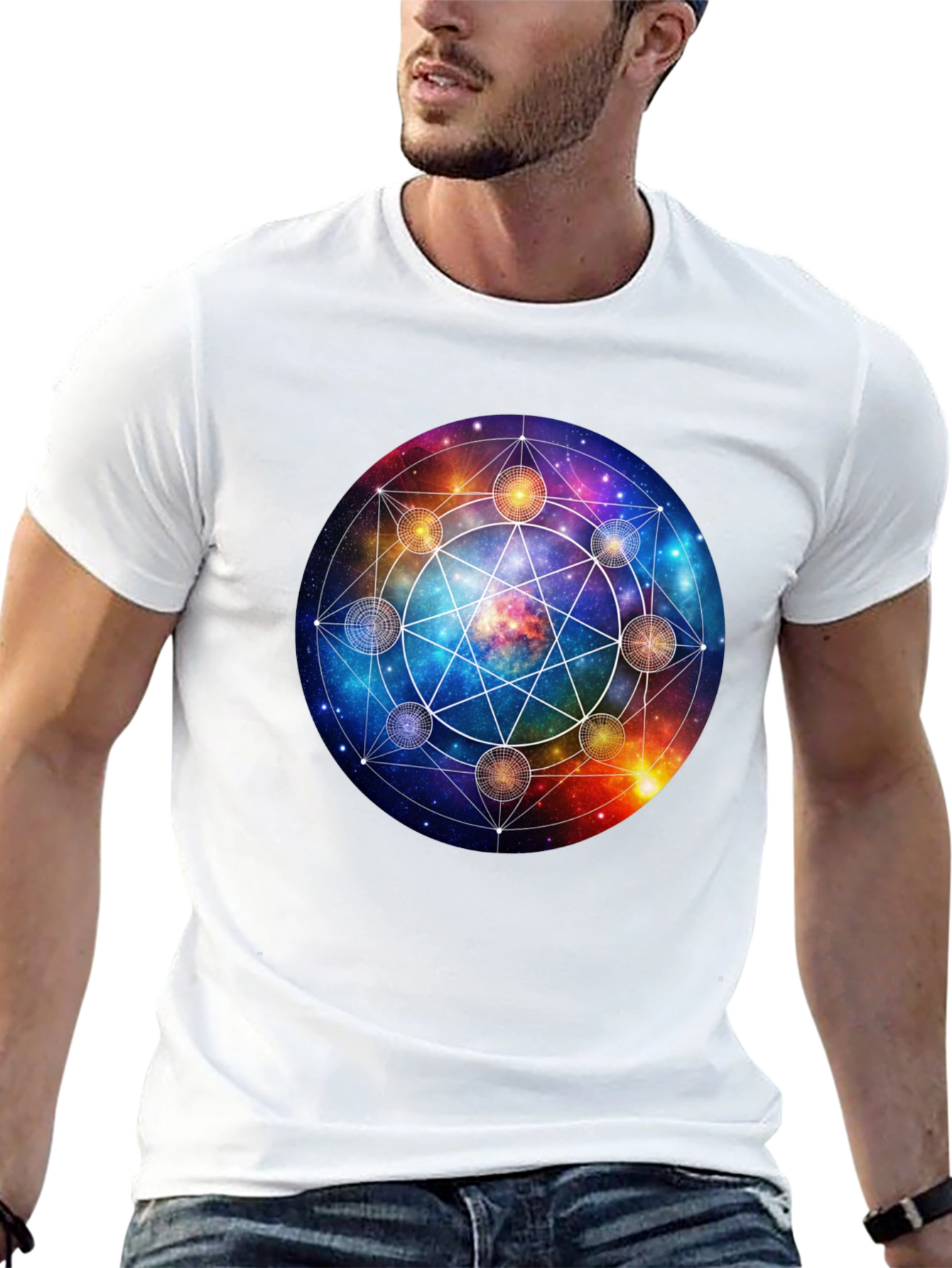 Cosmic Mandala Graphic Tee - Celestial Universe Design