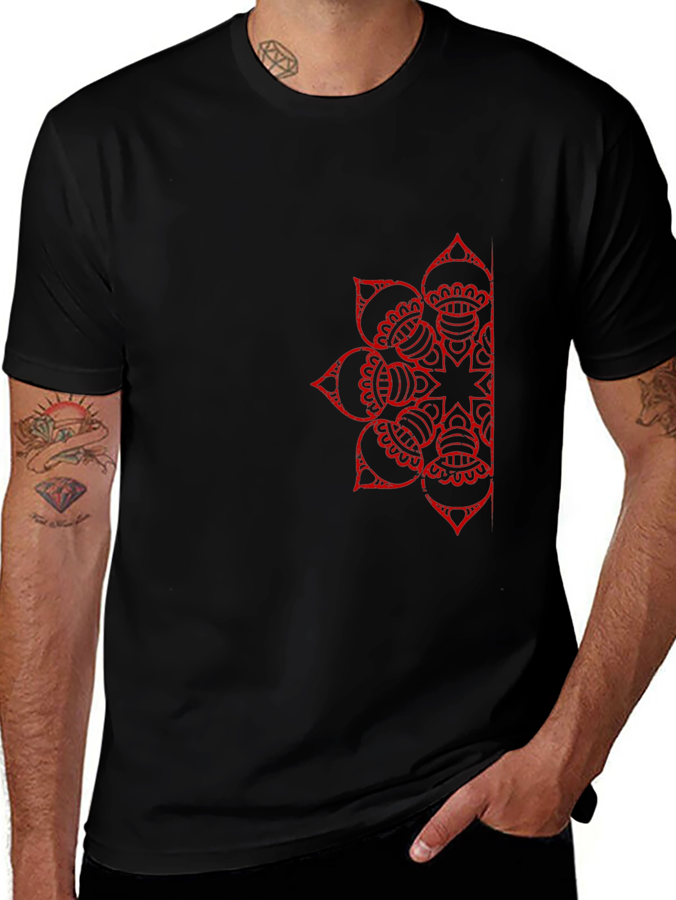 Black T-Shirt with Red Mandala Design