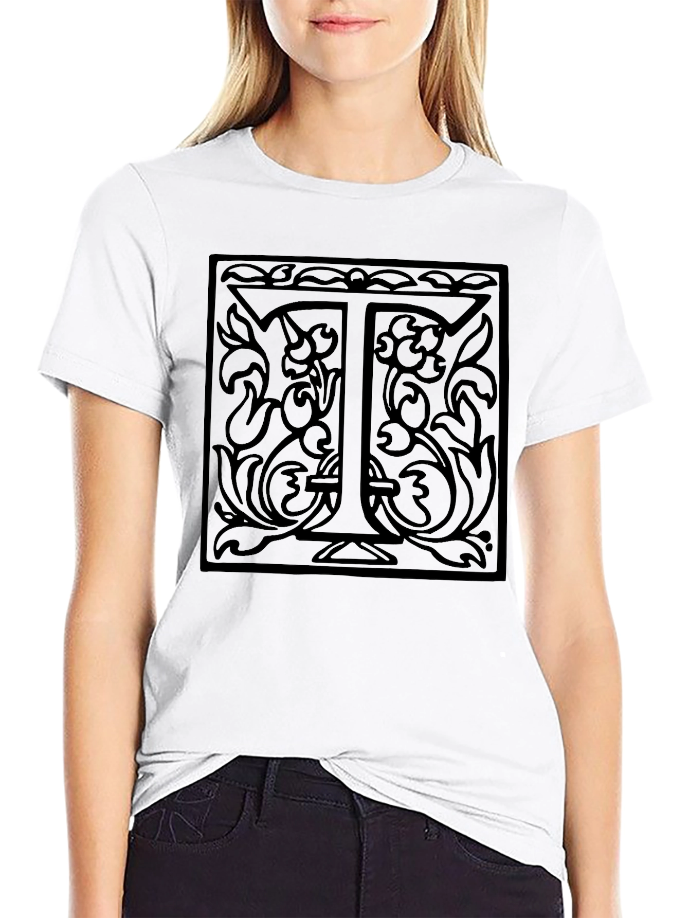 Monogram T Letter Floral Black Graphic Tee