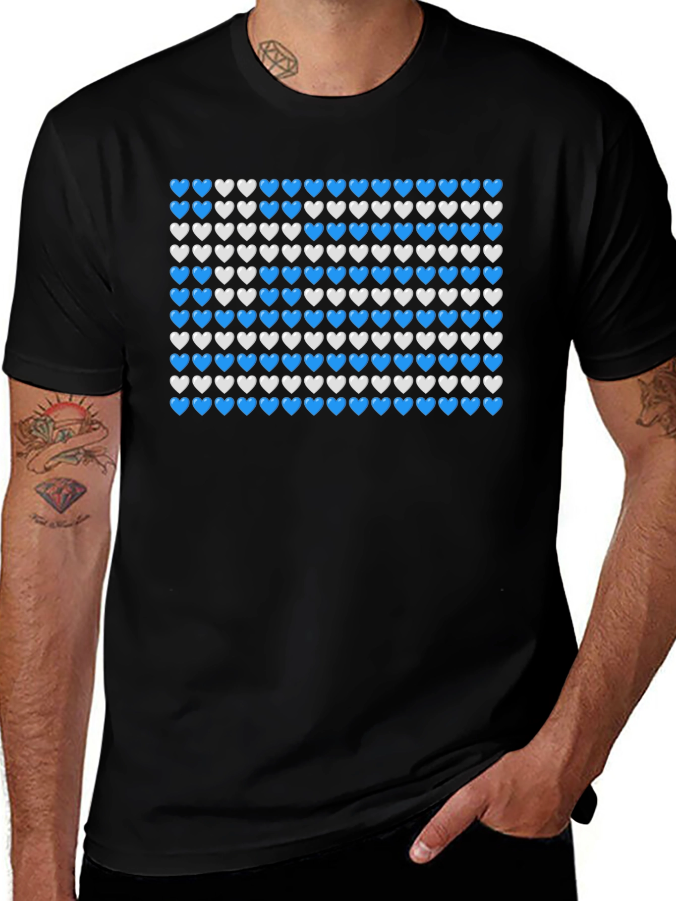 Heart Pattern T-Shirt - Blue & White Design