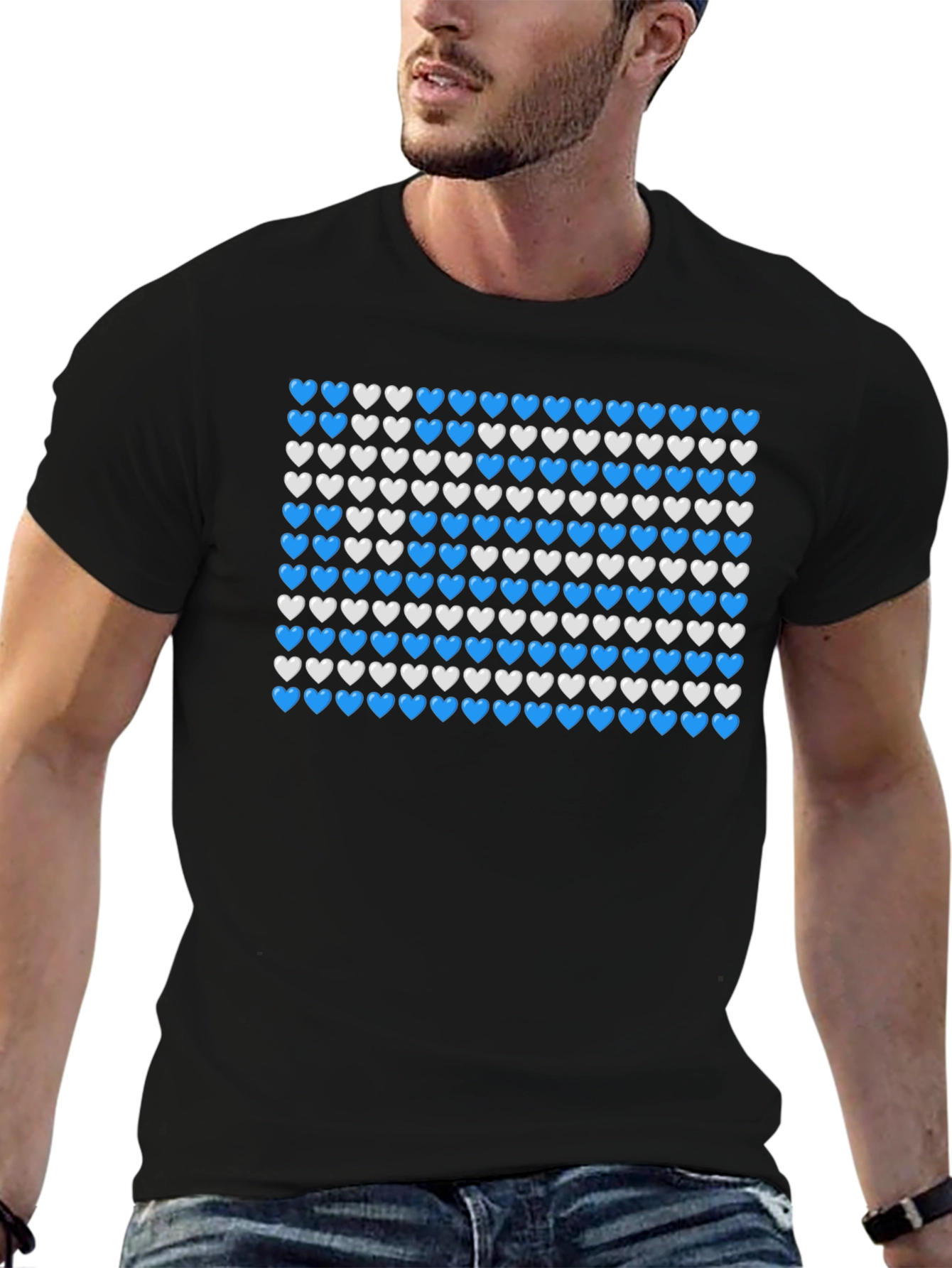 Heart Pattern T-Shirt - Blue & White Design