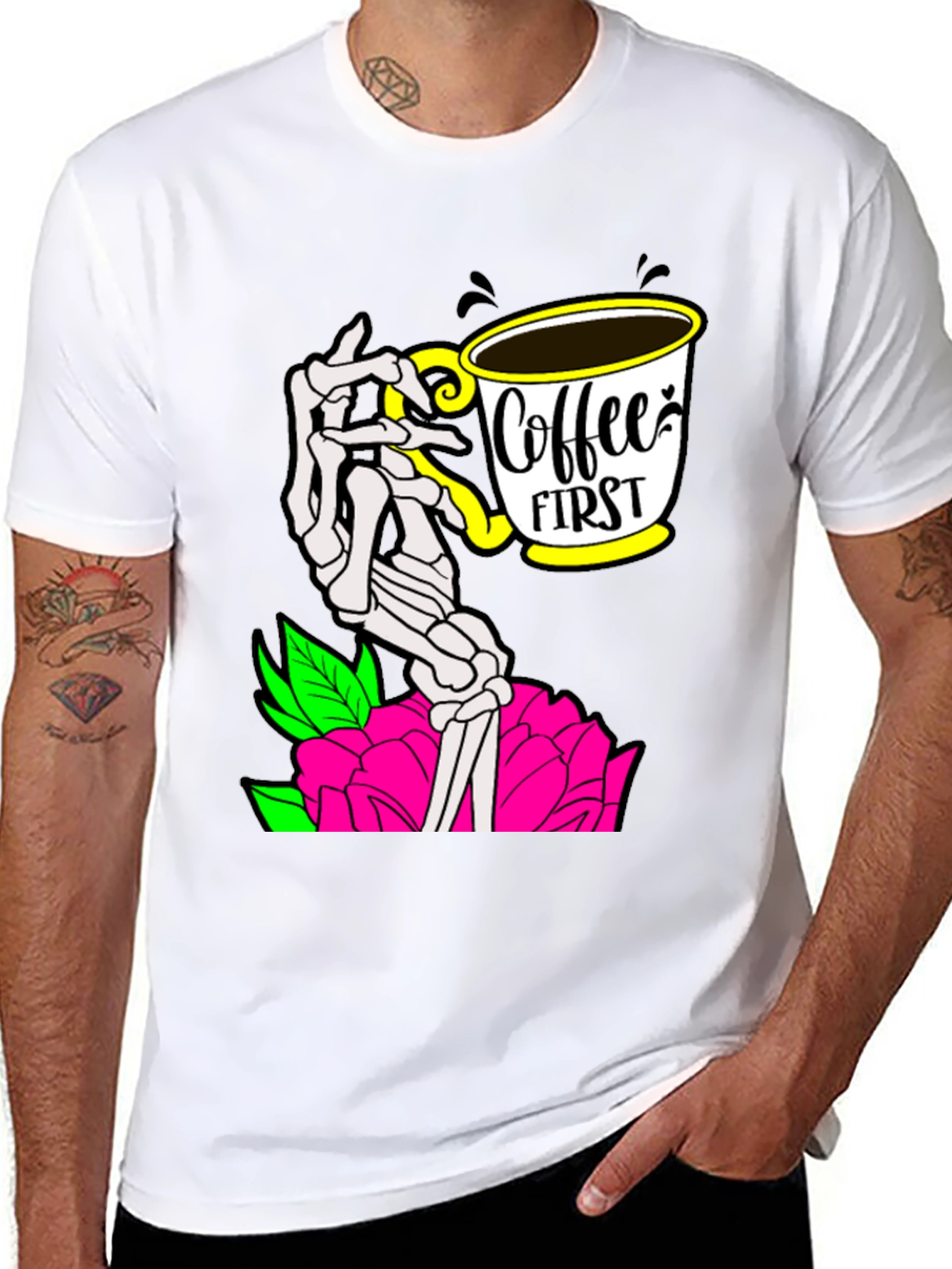 Coffee First Skeleton Hand Graphic Tee - Black
