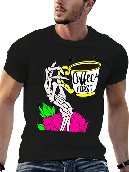 Coffee First Skeleton Hand Graphic Tee - Black