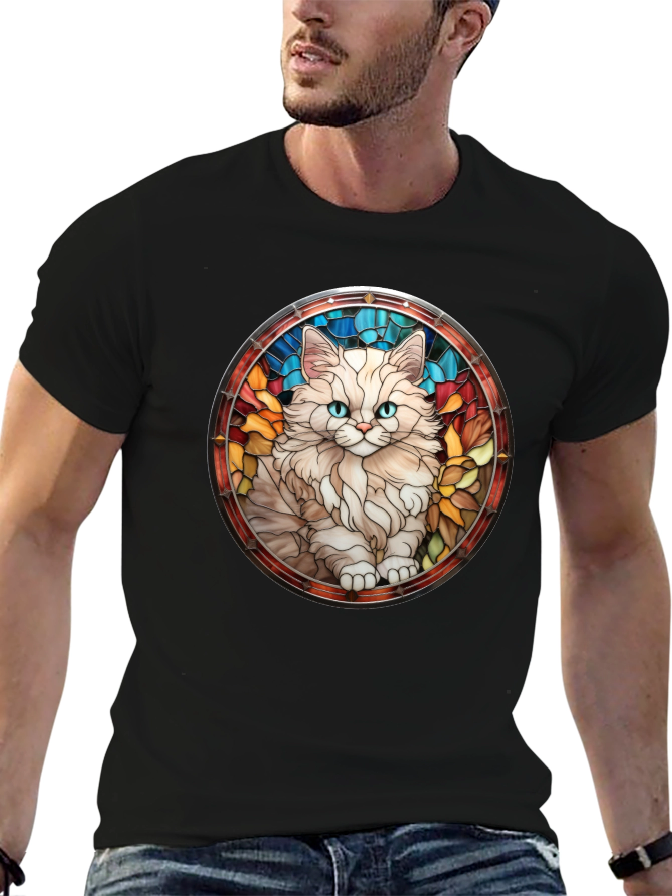 Cat Stained Glass T-Shirt - Unique Design