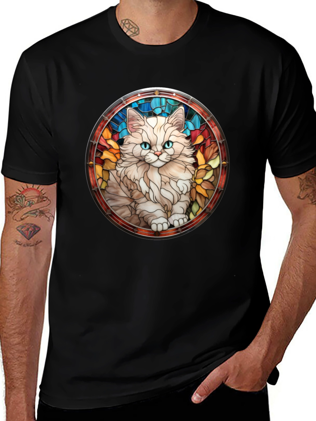 Cat Stained Glass T-Shirt - Unique Design