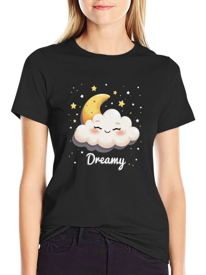 Dreamy Cloud & Moon Graphic Tee - Black Cotton