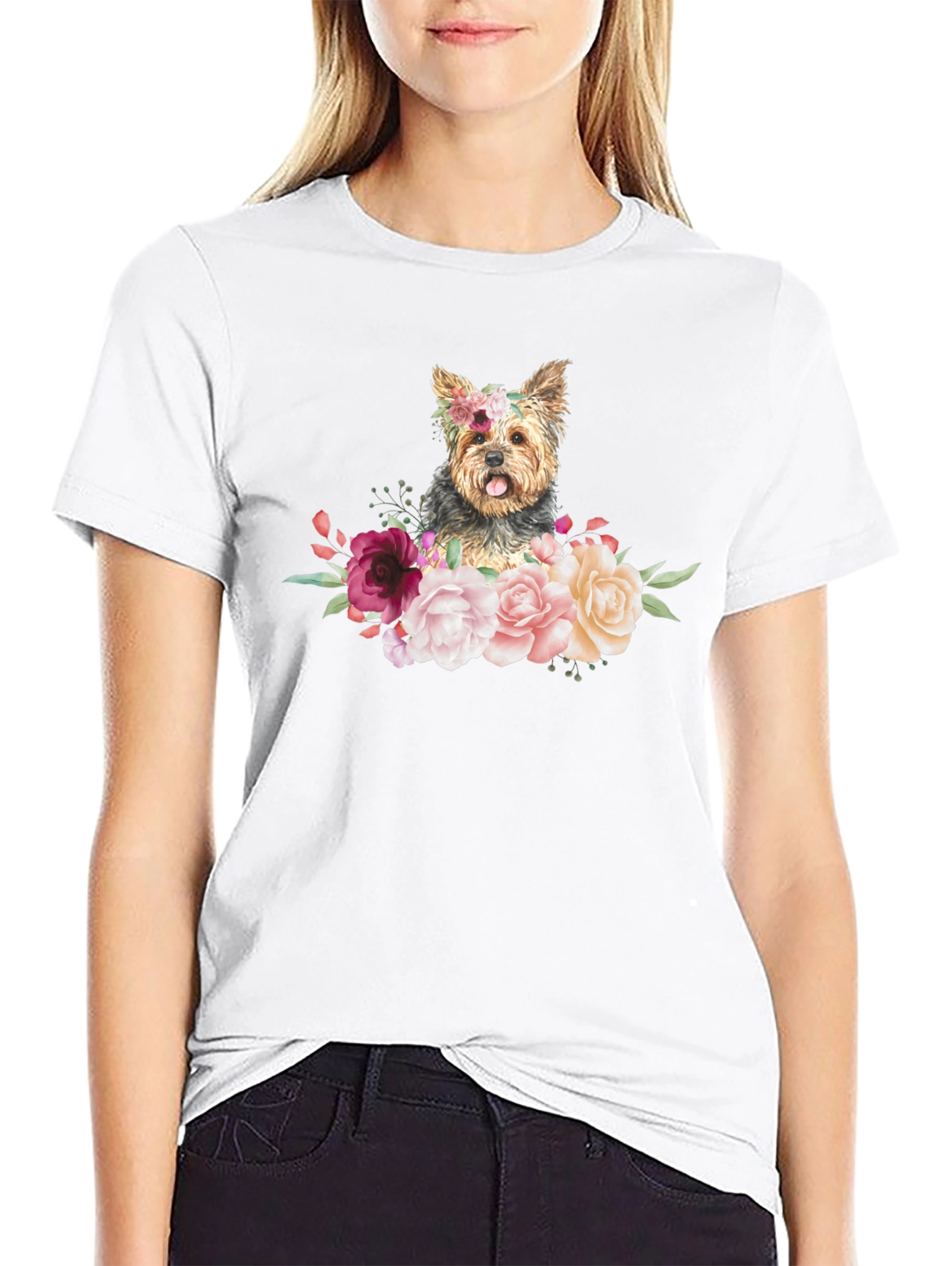 Dog Floral T-Shirt - Cute Yorkie Design
