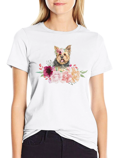 Dog Floral T-Shirt - Cute Yorkie Design