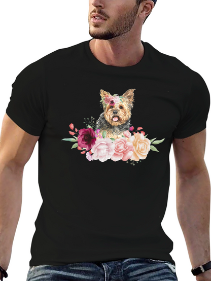Dog Floral T-Shirt - Cute Yorkie Design