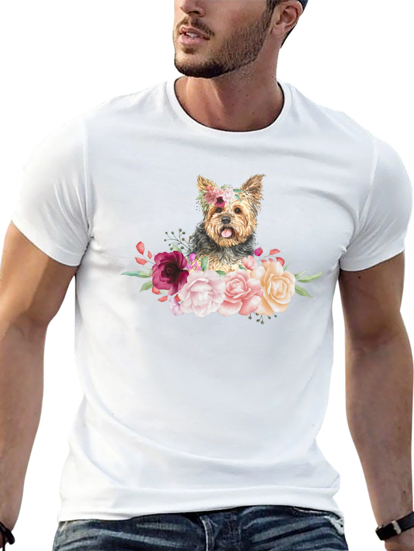Dog Floral T-Shirt - Cute Yorkie Design