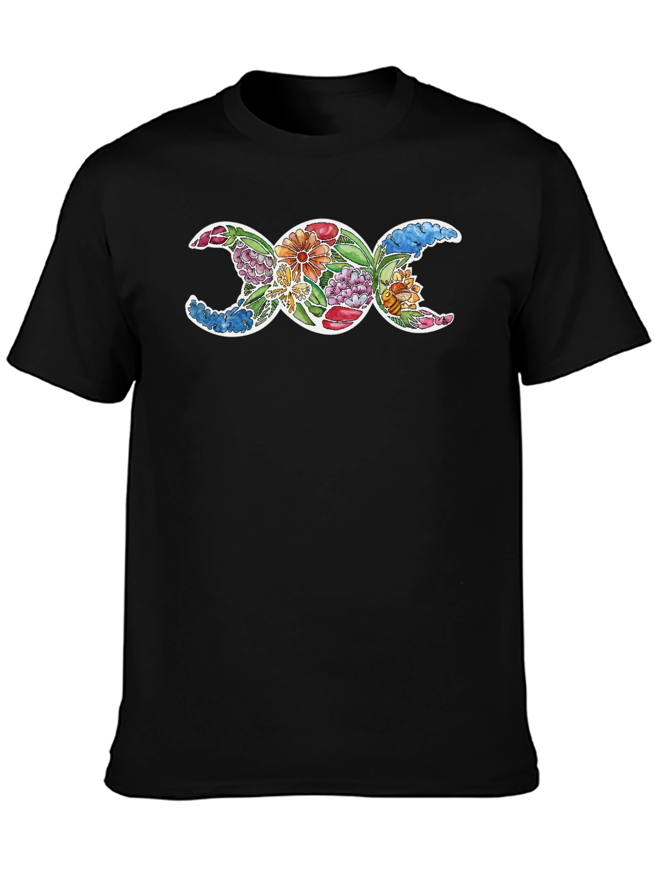 Floral Triple Moon Goddess Black T-Shirt