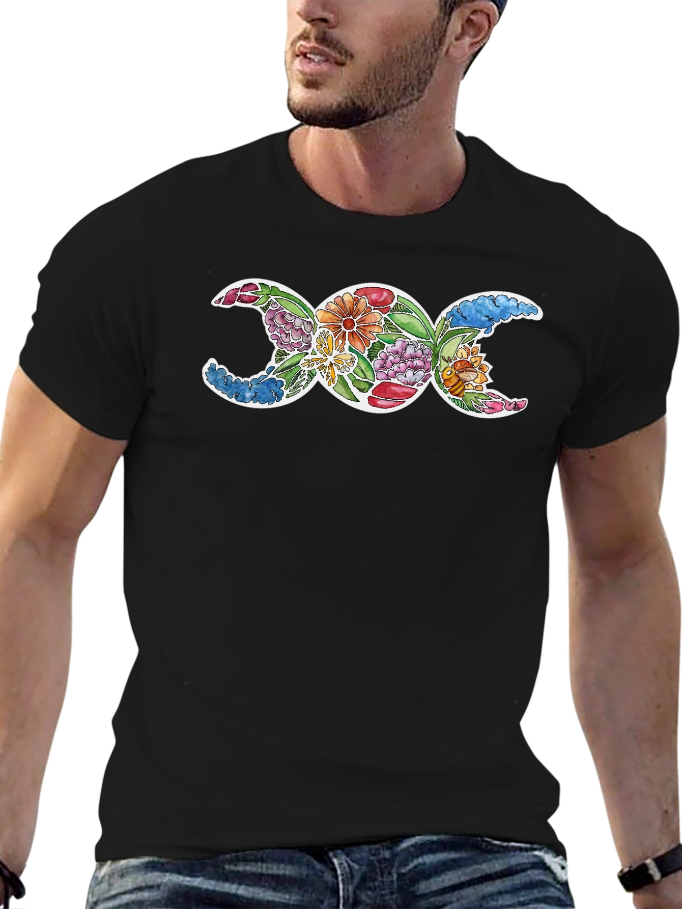 Floral Triple Moon Goddess Black T-Shirt