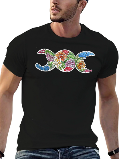 Floral Triple Moon Goddess Black T-Shirt