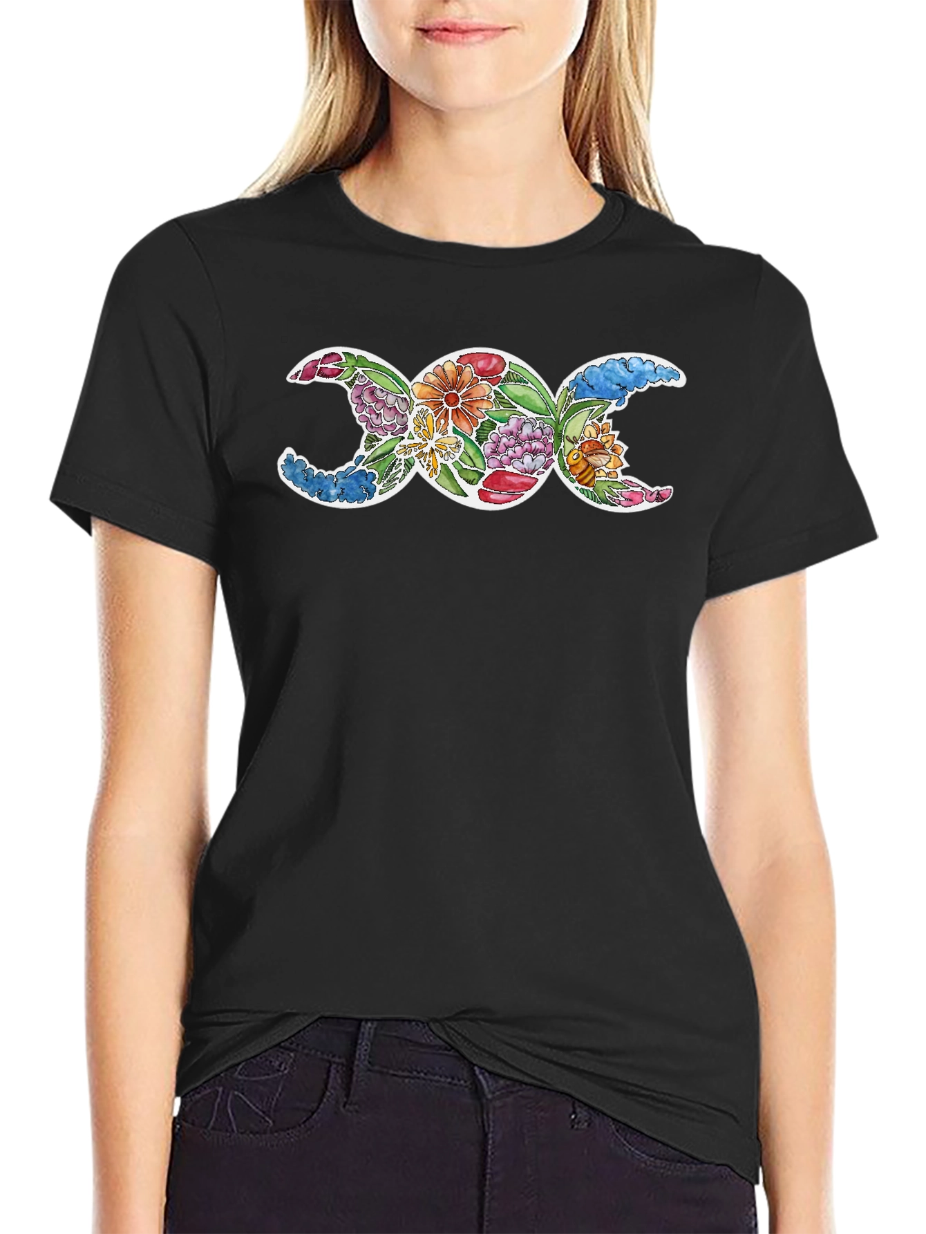 Floral Triple Moon Goddess Black T-Shirt