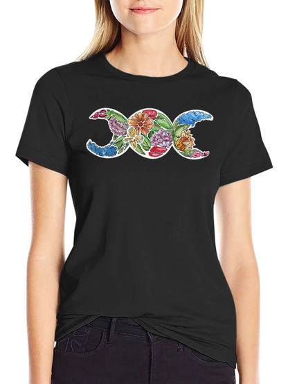 Floral Triple Moon Goddess Black T-Shirt