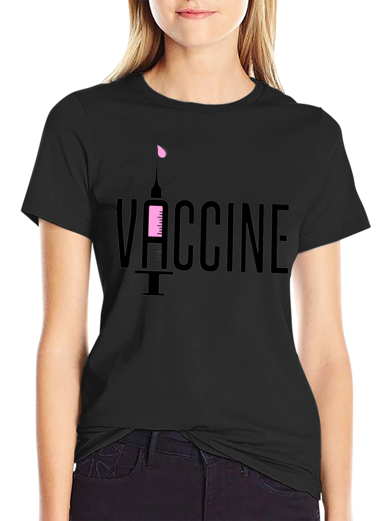 Vaccine T-Shirt - Black Cotton Tee with Syringe Design