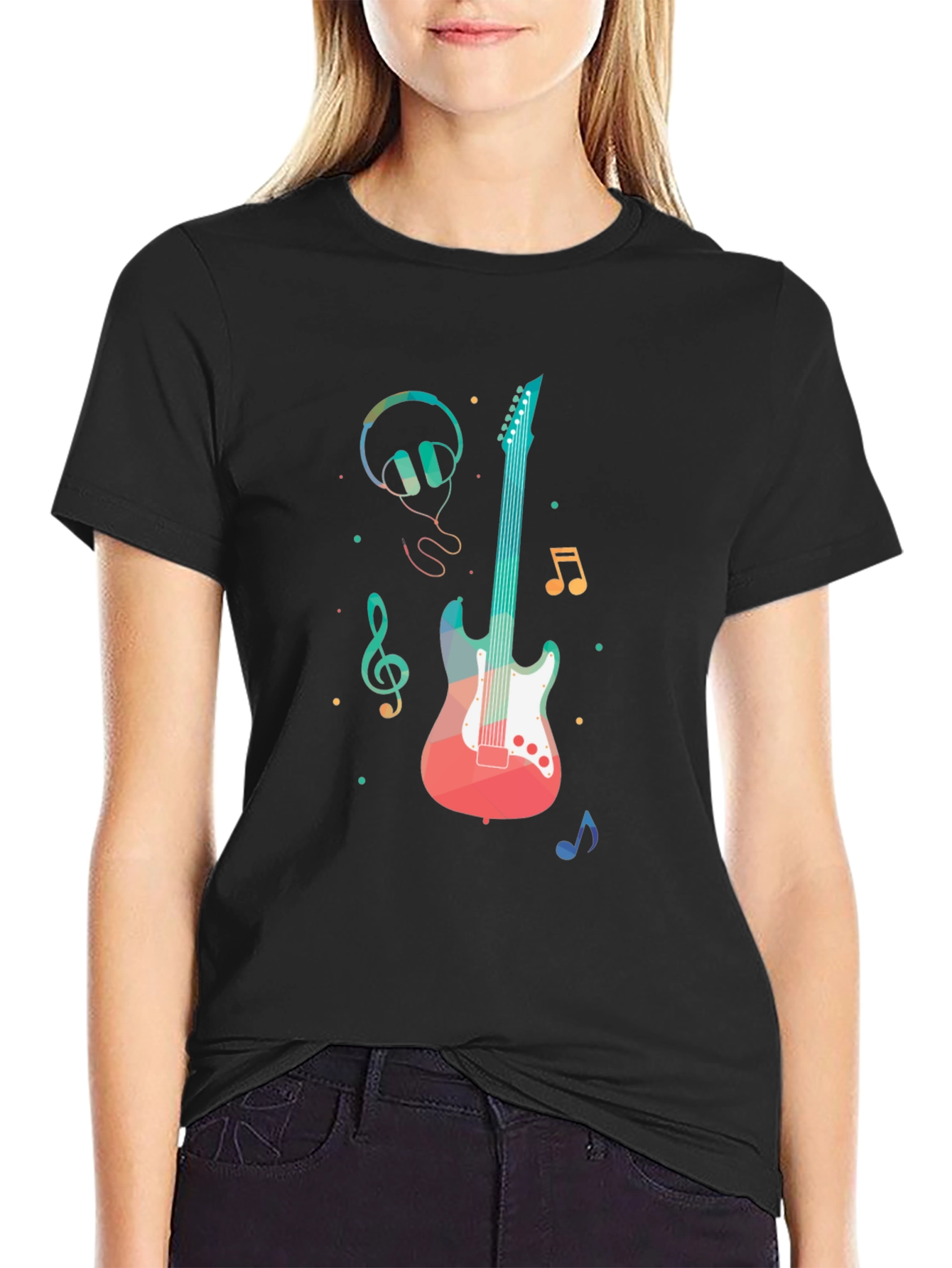 Music Lovers Tee: Guitar Headphones and Notes Design