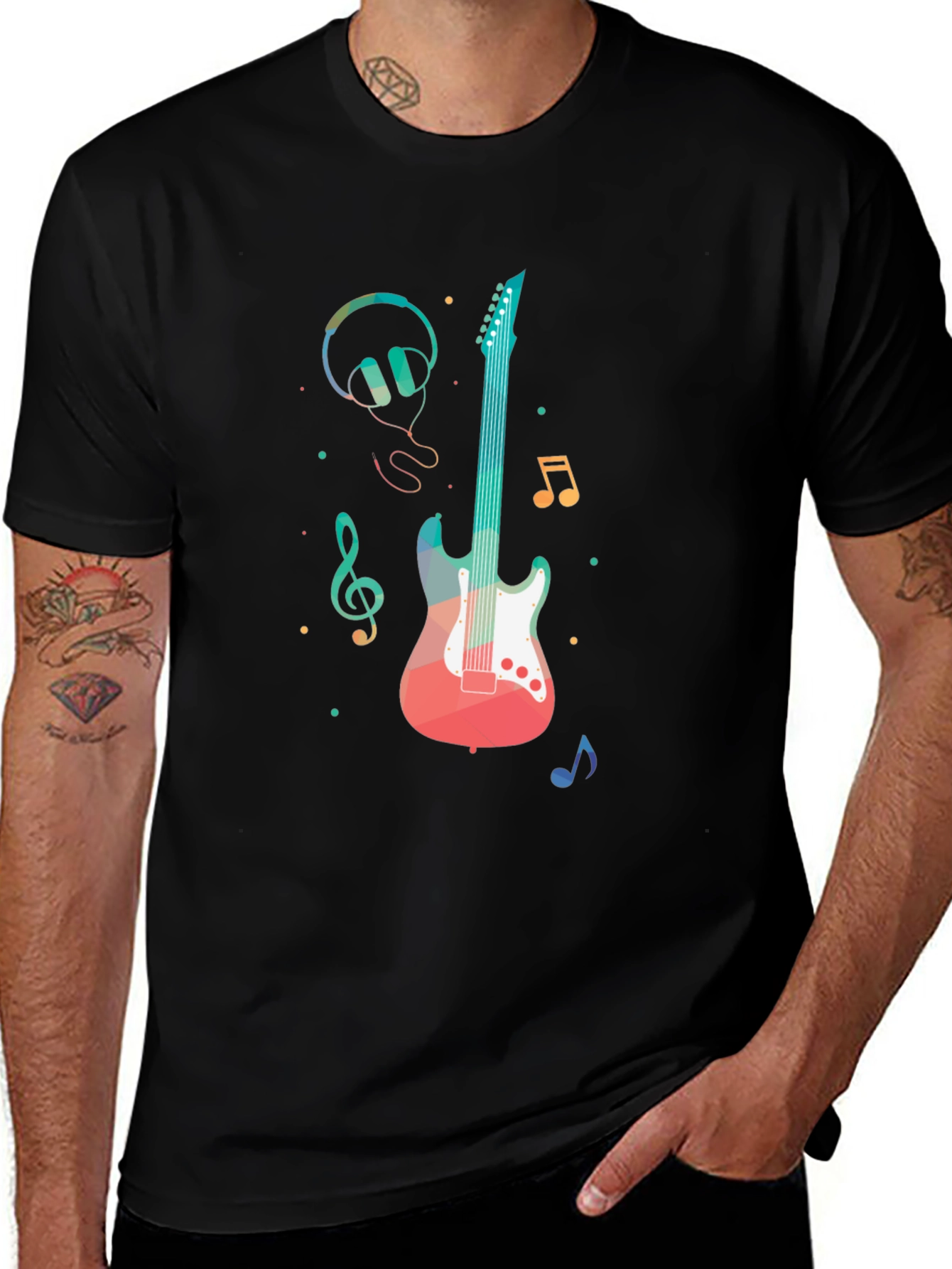 Music Lovers Tee: Guitar Headphones and Notes Design