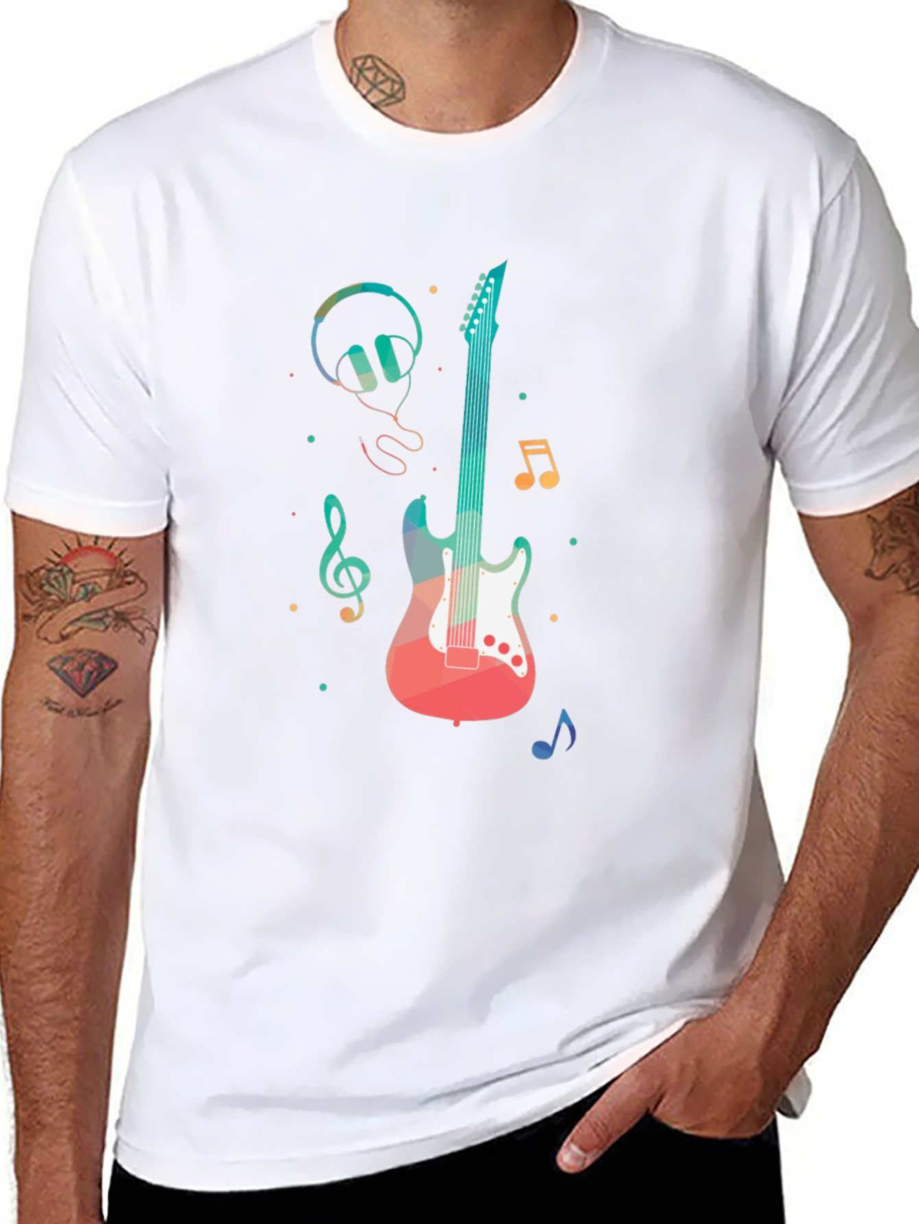 Music Lovers Tee: Guitar Headphones and Notes Design